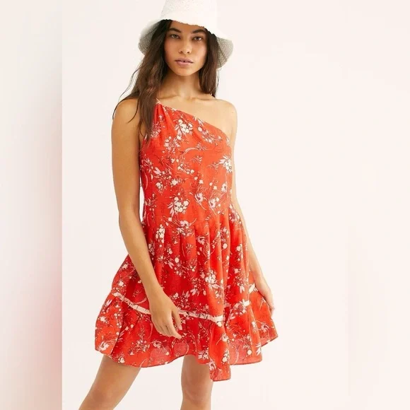 Free People All Mine One-Shoulder Mini Dress | Cherry Combo | Size L - Picture 2 of 11